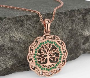 Emerald Rose Gold Silver Celtic Tree of Life Necklace