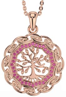 Pink Tourmaline Rose Gold Silver Celtic Tree of Life Necklace