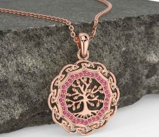 Pink Tourmaline Rose Gold Silver Celtic Tree of Life Necklace