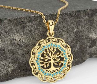 Aquamarine Gold Silver Celtic Tree of Life Necklace