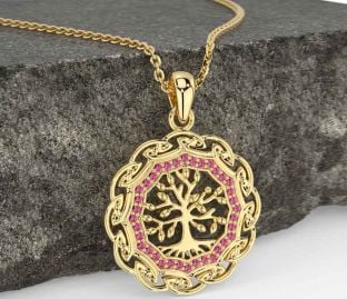 Pink Tourmaline Gold Silver Celtic Tree of Life Necklace