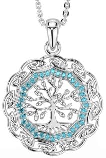 Aquamarine Silver Celtic Tree of Life Necklace