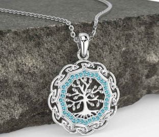 Aquamarine Silver Celtic Tree of Life Necklace