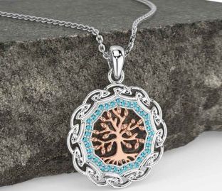 Aquamarine Rose Gold Silver Celtic Tree of Life Necklace