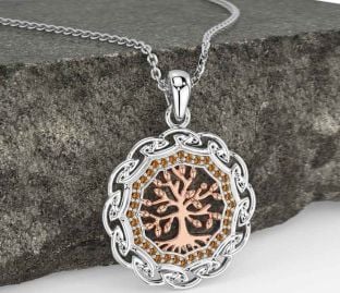 Citrine Rose Gold Silver Celtic Tree of Life Necklace