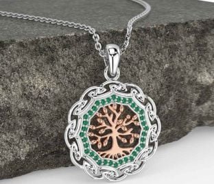 Emerald Rose Gold Silver Celtic Tree of Life Necklace