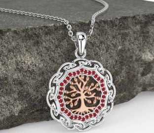Ruby Rose Gold Silver Celtic Tree of Life Necklace