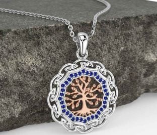 Sapphire Rose Gold Silver Celtic Tree of Life Necklace
