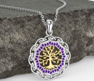 Amethyst Gold Silver Celtic Tree of Life Necklace