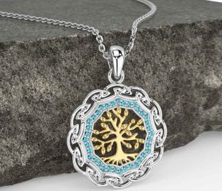 Aquamarine Gold Silver Celtic Tree of Life Necklace