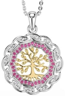 Pink Tourmaline Gold Silver Celtic Tree of Life Necklace