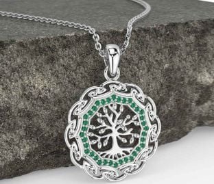 Emerald White Gold Celtic Tree of Life Necklace