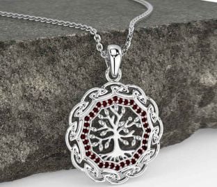 Garnet White Gold Celtic Tree of Life Necklace