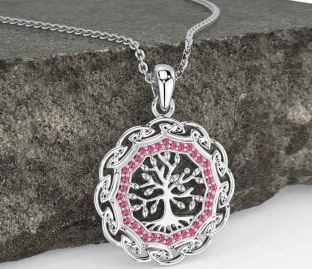 Pink Tourmaline White Gold Celtic Tree of Life Necklace