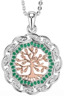 Emerald White Rose Gold Celtic Tree of Life Necklace