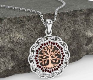 Garnet White Rose Gold Celtic Tree of Life Necklace