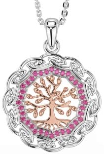 Pink Tourmaline White Rose Gold Celtic Tree of Life Necklace
