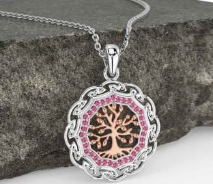Pink Tourmaline White Rose Gold Celtic Tree of Life Necklace