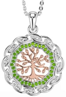 Peridot White Rose Gold Celtic Tree of Life Necklace