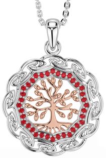 Ruby White Rose Gold Celtic Tree of Life Necklace