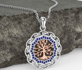 Sapphire White Rose Gold Celtic Tree of Life Necklace