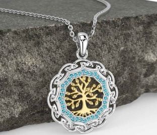 Aquamarine White Yellow Gold Celtic Tree of Life Necklace