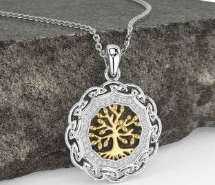 Diamond White Yellow Gold Celtic Tree of Life Necklace