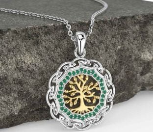 Emerald White Yellow Gold Celtic Tree of Life Necklace