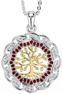 Garnet White Yellow Gold Celtic Tree of Life Necklace