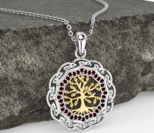 Garnet White Yellow Gold Celtic Tree of Life Necklace
