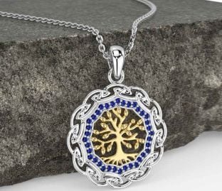 Sapphire White Yellow Gold Celtic Tree of Life Necklace