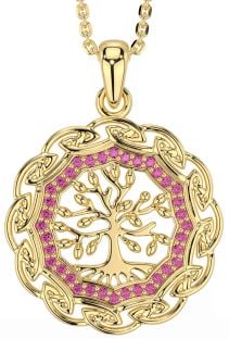 Pink Tourmaline Gold Celtic Tree of Life Necklace