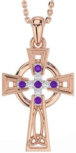 Diamond Amethyst Rose Gold Silver Celtic Cross Necklace