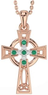 Diamond Emerald Rose Gold Silver Celtic Cross Necklace