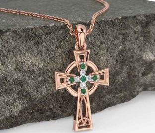 Diamond Emerald Rose Gold Silver Celtic Cross Necklace