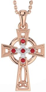 Diamond Ruby Rose Gold Silver Celtic Cross Necklace