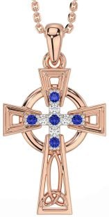 Diamond Sapphire Rose Gold Silver Celtic Cross Necklace