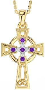 Diamond Amethyst Gold Silver Celtic Cross Necklace