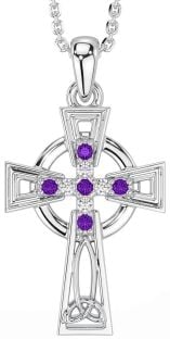 Diamond Amethyst Silver Celtic Cross Necklace