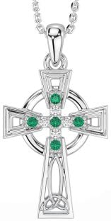 Diamond Emerald Silver Celtic Cross Necklace