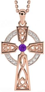 Diamond Amethyst Rose Gold Silver Celtic Cross Necklace