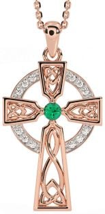 Diamond Emerald Rose Gold Silver Celtic Cross Necklace