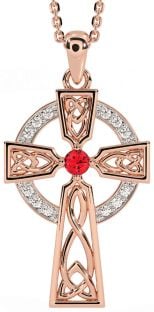 Diamond Ruby Rose Gold Silver Celtic Cross Necklace