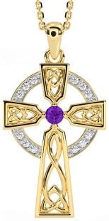 Diamond Amethyst Gold Silver Celtic Cross Necklace