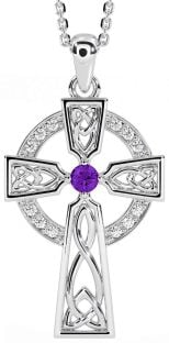 Diamond Amethyst Silver Celtic Cross Necklace