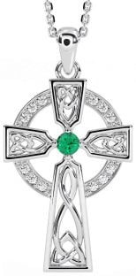 Diamond Emerald Silver Celtic Cross Necklace