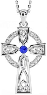 Diamond Sapphire Silver Celtic Cross Necklace