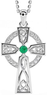 Diamond Emerald White Gold Celtic Cross Necklace