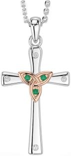 Diamond Emerald Rose Gold Silver Celtic Cross Trinity Knot Necklace