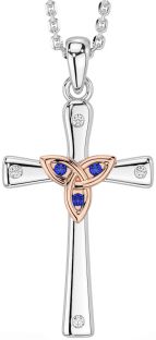 Diamond Sapphire Rose Gold Silver Celtic Cross Trinity Knot Necklace